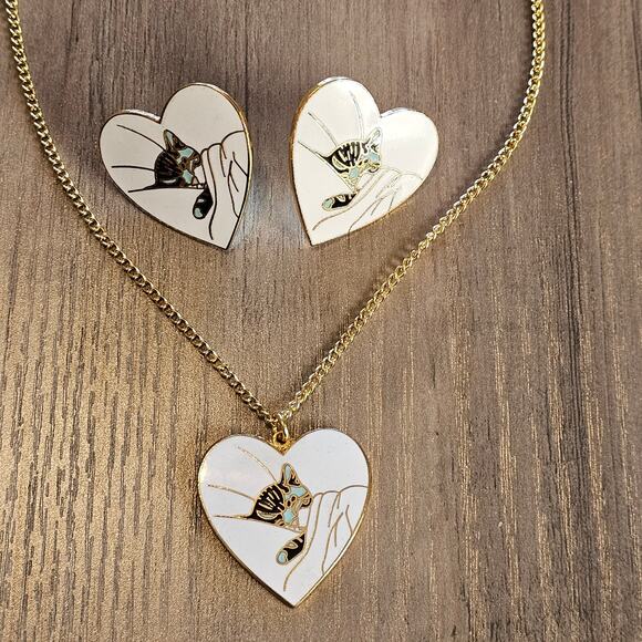 Vintage Jewelry - Sleeping Cat Cloisonne Heart Earrings & Pendant Necklace